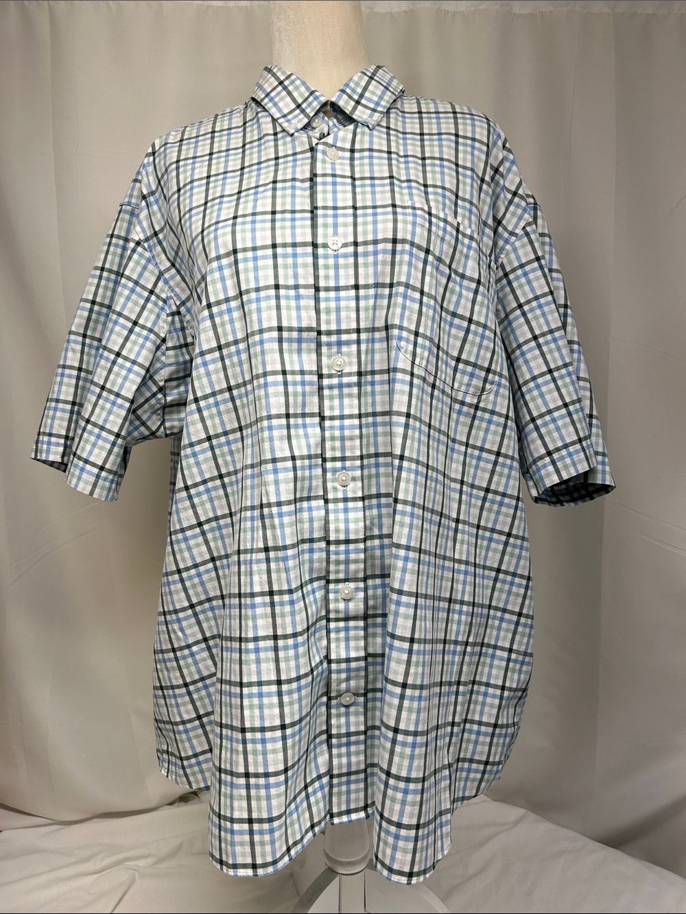 Duluth Trading Men's Short-Sleeve Button-Up Plaid Shirt - Blue White Green 2XL